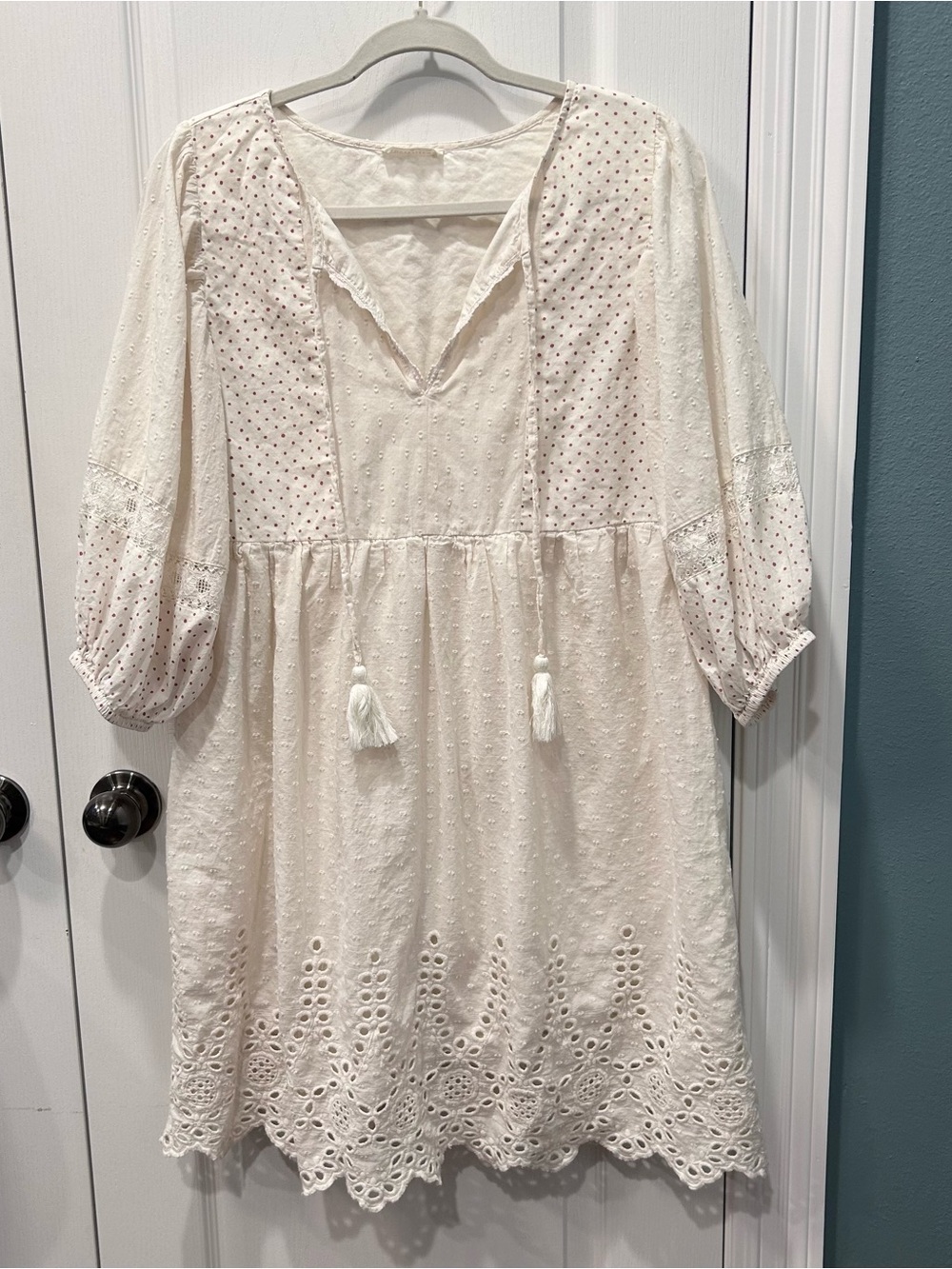 Lovestitch Ivory Eyelet Swiss Dot Tassel 3/4 Sleeve Boho Dress Red Polka Dot MD
